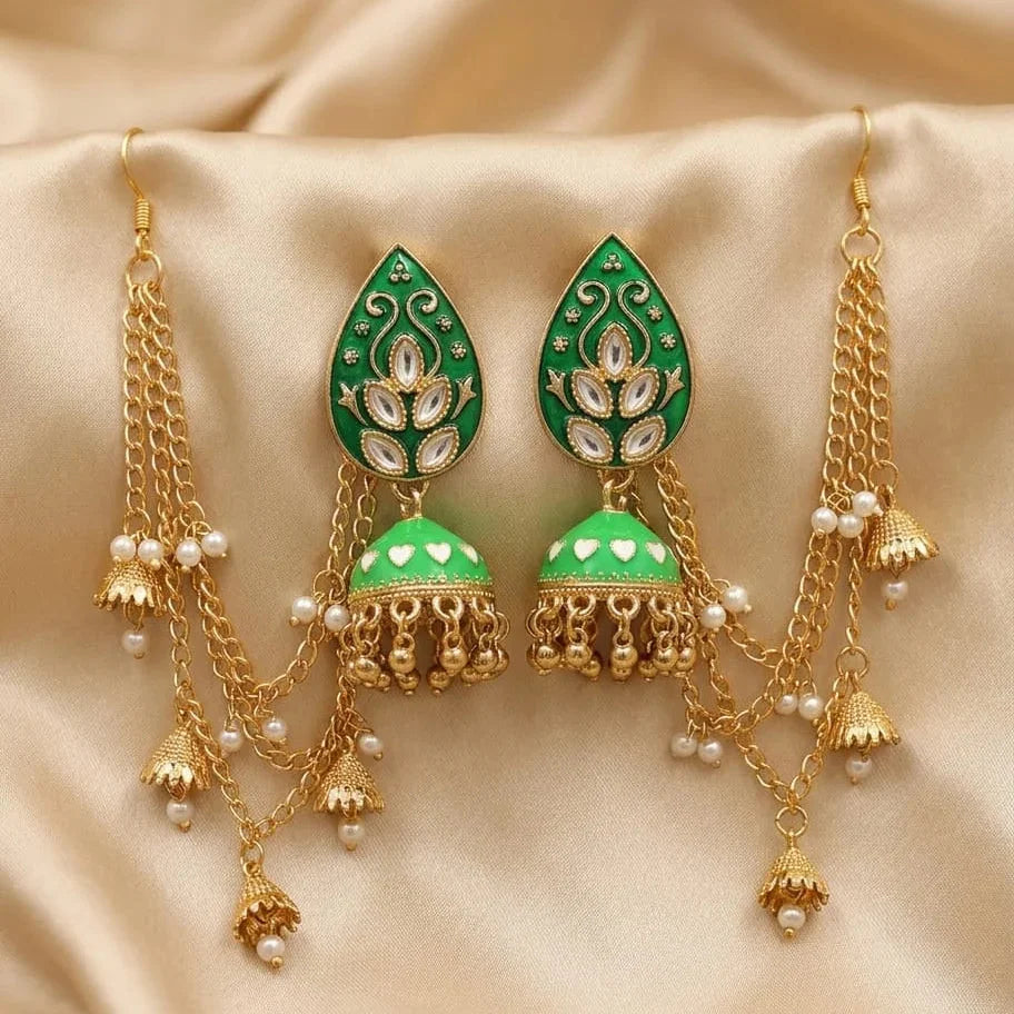 Jhumka earrings with Kundan stones and Sahary Cosmia.pk