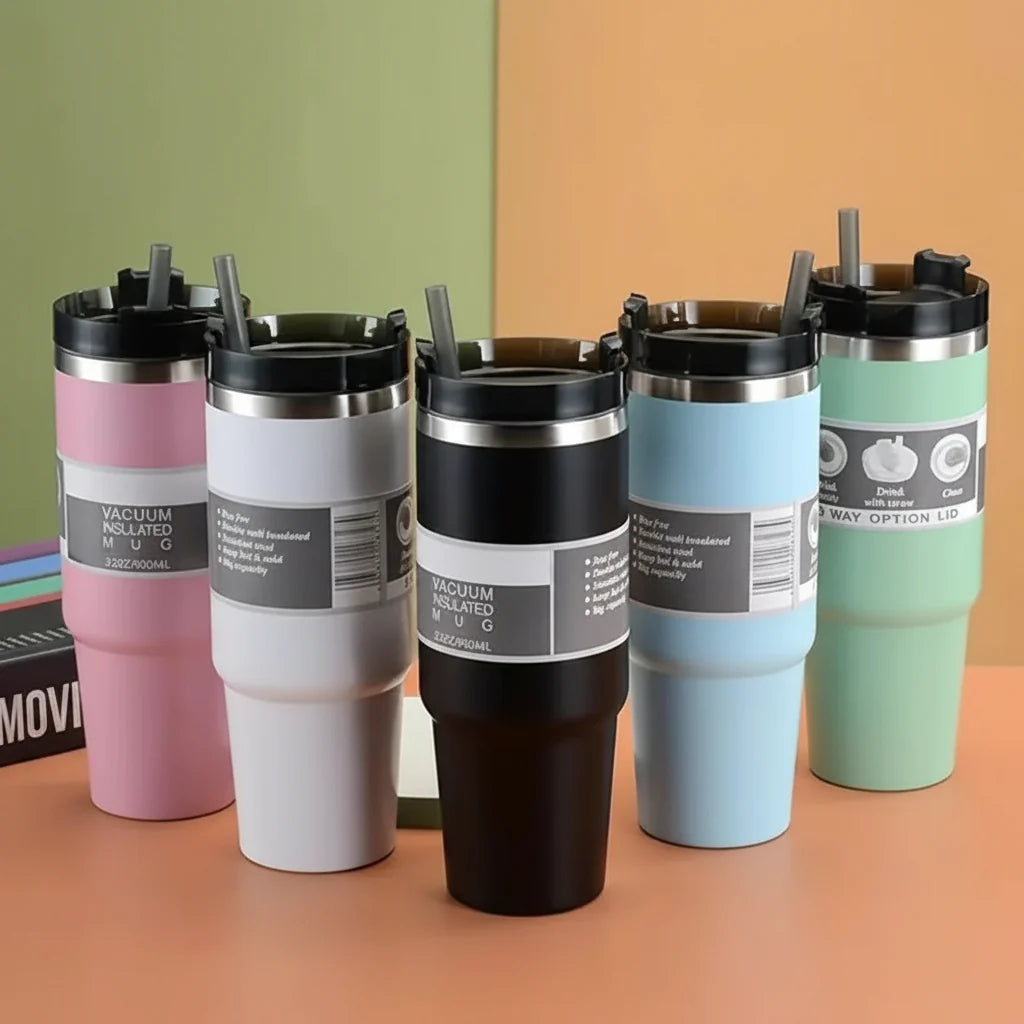 Stainless Steel Tumbler with Straw & Handle - 900ml Cosmia.pk
