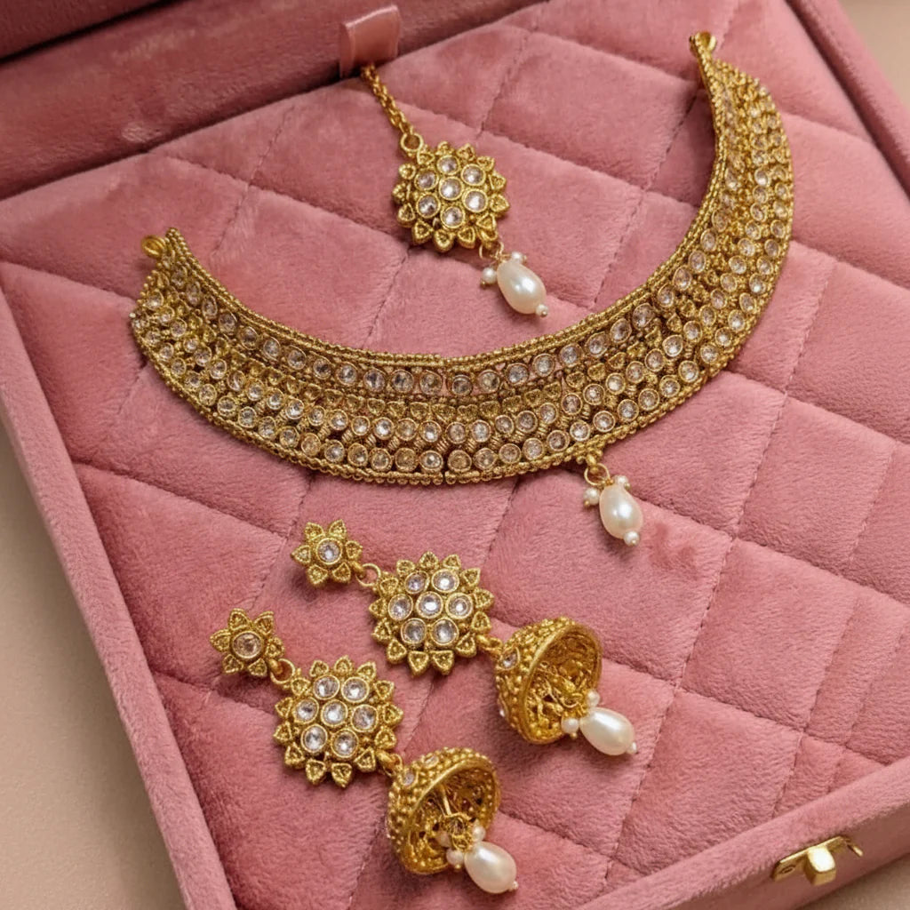 Rivas AD Necklace Set – Jhumki, Tikka & Pearl Crystal Cosmia