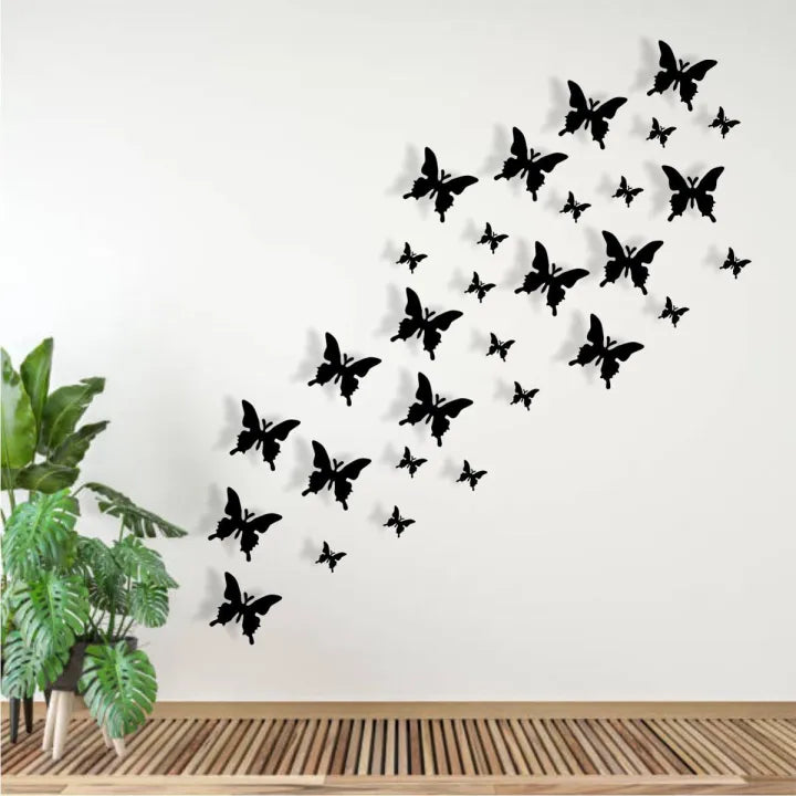 Black Wooden Butterfly Wall Decor Removable Wall Stickers - 30 Piece Cosmia.pk