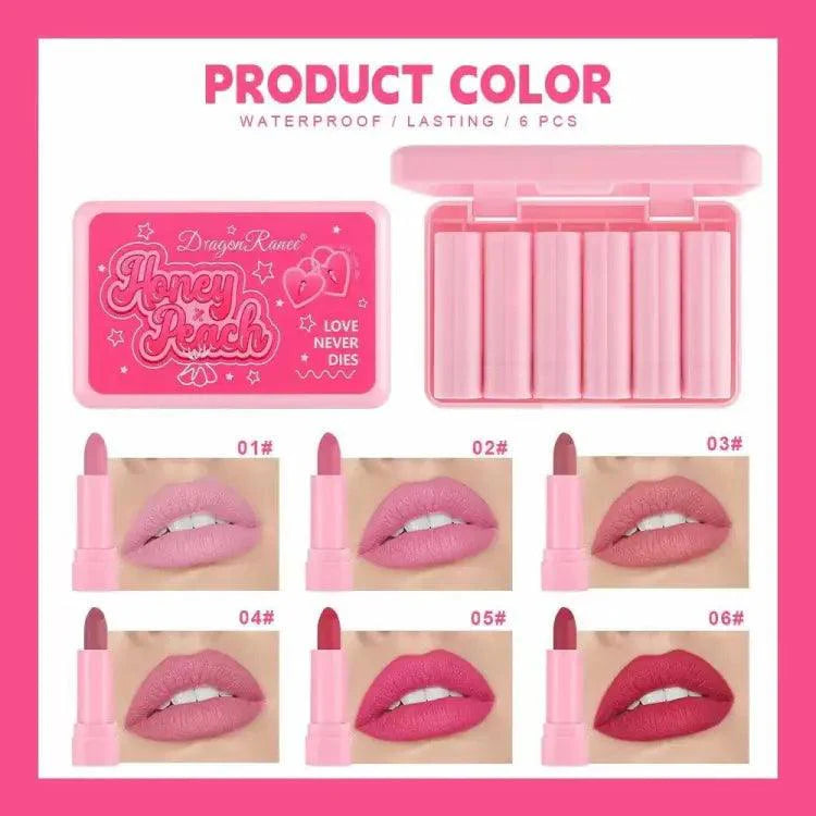 6 Pcs DroganRanee Honey Peach Matte Lipstick Set Dragon Ranee