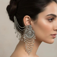 Silver Pearl Chandbali Earrings with Ear Chain Cosmia