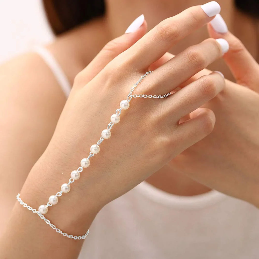White Pearls Finger Bracelets With Silver Chain Cosmia