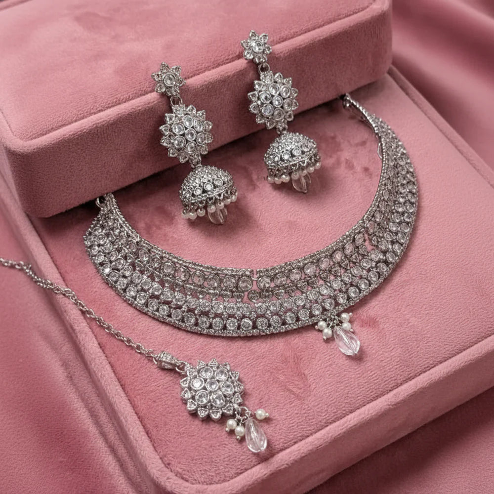 Rivas AD Necklace Set – Jhumki, Tikka & Pearl Crystal Cosmia
