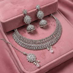 Rivas AD Necklace Set – Jhumki, Tikka & Pearl Crystal Cosmia