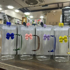 Square Glass Tumbler with Double Bows & Straw – Elegant Drinkware Cosmia.pk