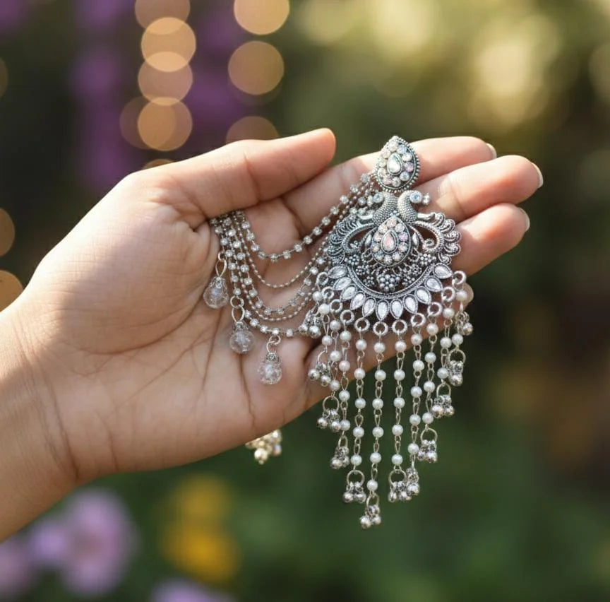 Silver Pearl Chandbali Earrings with Ear Chain Cosmia