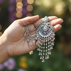 Silver Pearl Chandbali Earrings with Ear Chain Cosmia