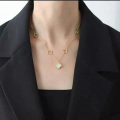 Gold-Plated Stainless Steel Four-Leaf Clover Necklace With Shell Pendant Cosmia