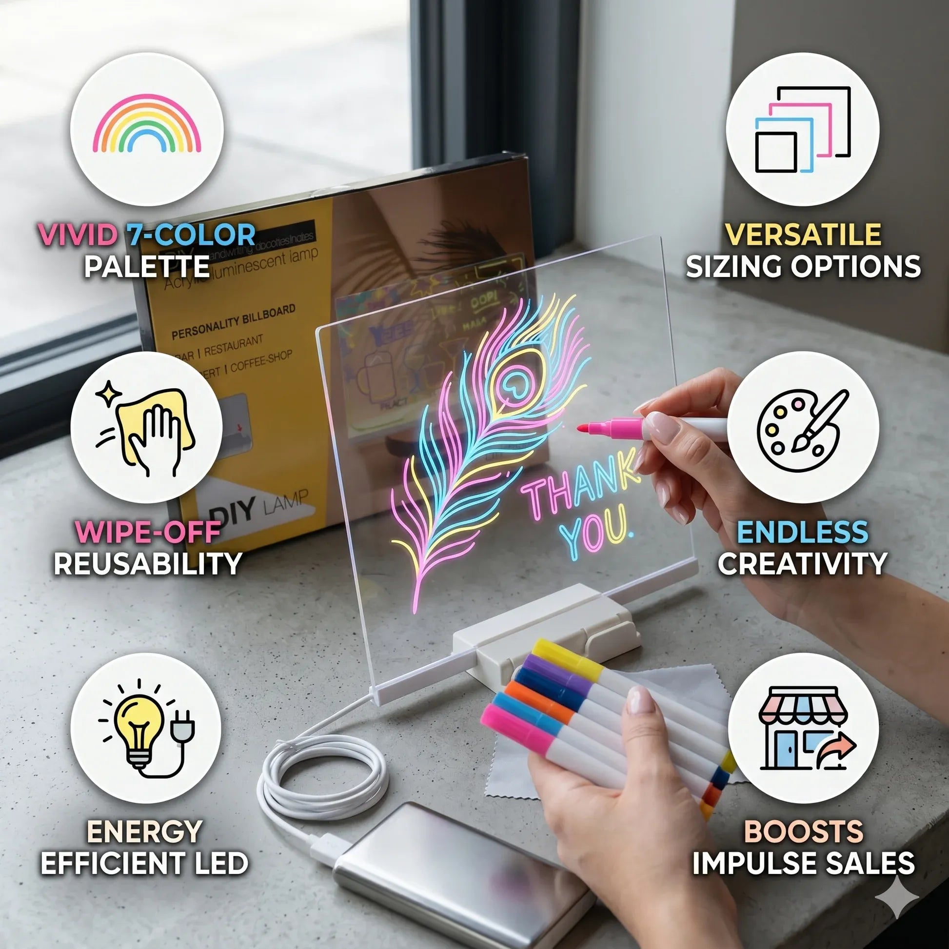 LED Acrylic Note Board with Colorful Marker Pens & Erasable Cleaning Cosmia.pk