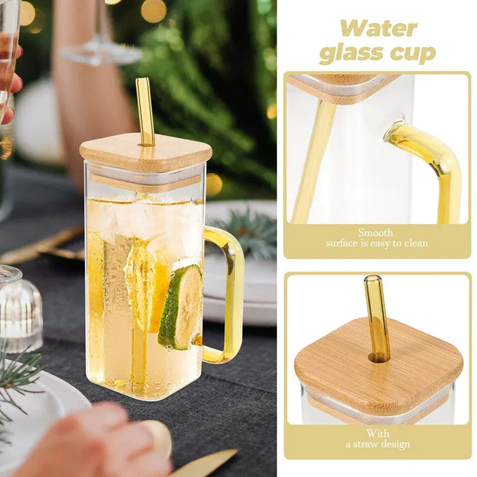 Modern Square Borosilicate Glass Cups with Colored Handles -400ml Cosmia.pk