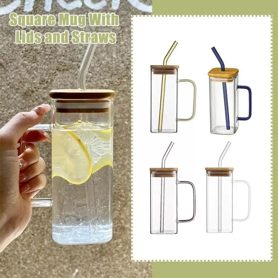 Modern Square Borosilicate Glass Cups with Colored Handles -400ml Cosmia.pk