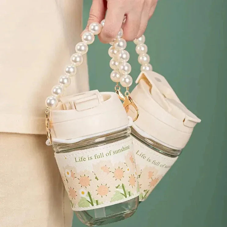 Cute Sunflower Glass Water Bottle with Detachable Pearl Chain - Each Cosmia.pk