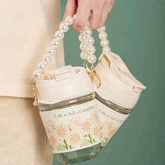 Cute Sunflower Glass Water Bottle with Detachable Pearl Chain - Each Cosmia.pk