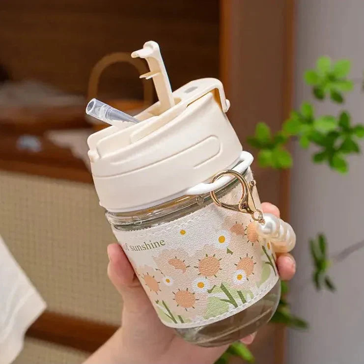 Cute Sunflower Glass Water Bottle with Detachable Pearl Chain - Each Cosmia.pk