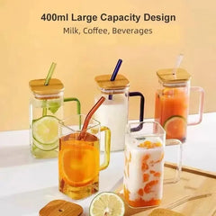 Modern Square Borosilicate Glass Cups with Colored Handles -400ml Cosmia.pk