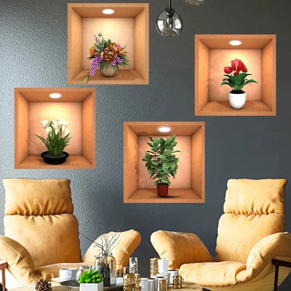 4-Piece 3D Simulated Plant Vase Wall Stickers Cosmia.pk