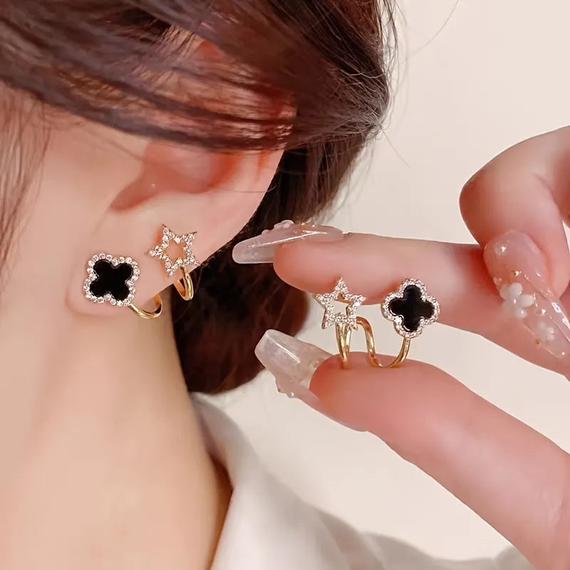 Gold Four-Leaf Clover Double Ear Clips - Each Cosmia.pk