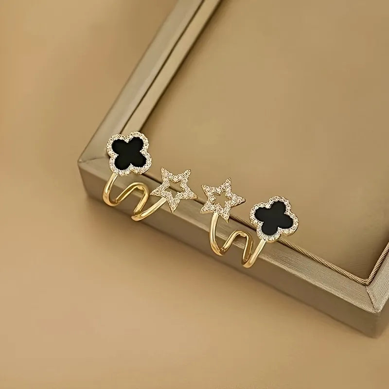 Gold Four-Leaf Clover Double Ear Clips - Each Cosmia.pk