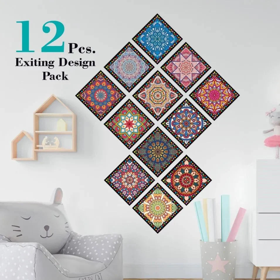 Traditional Mandala Tile Wall Stickers - 12Pcs Cosmia.pk