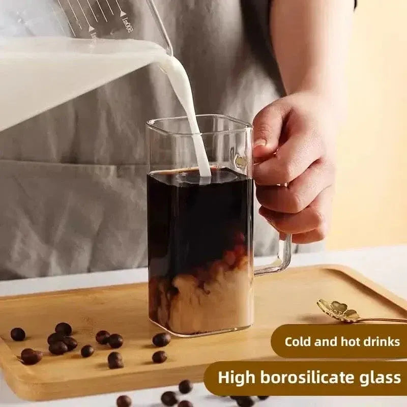 Modern Square Borosilicate Glass Cups with Colored Handles -400ml Cosmia.pk