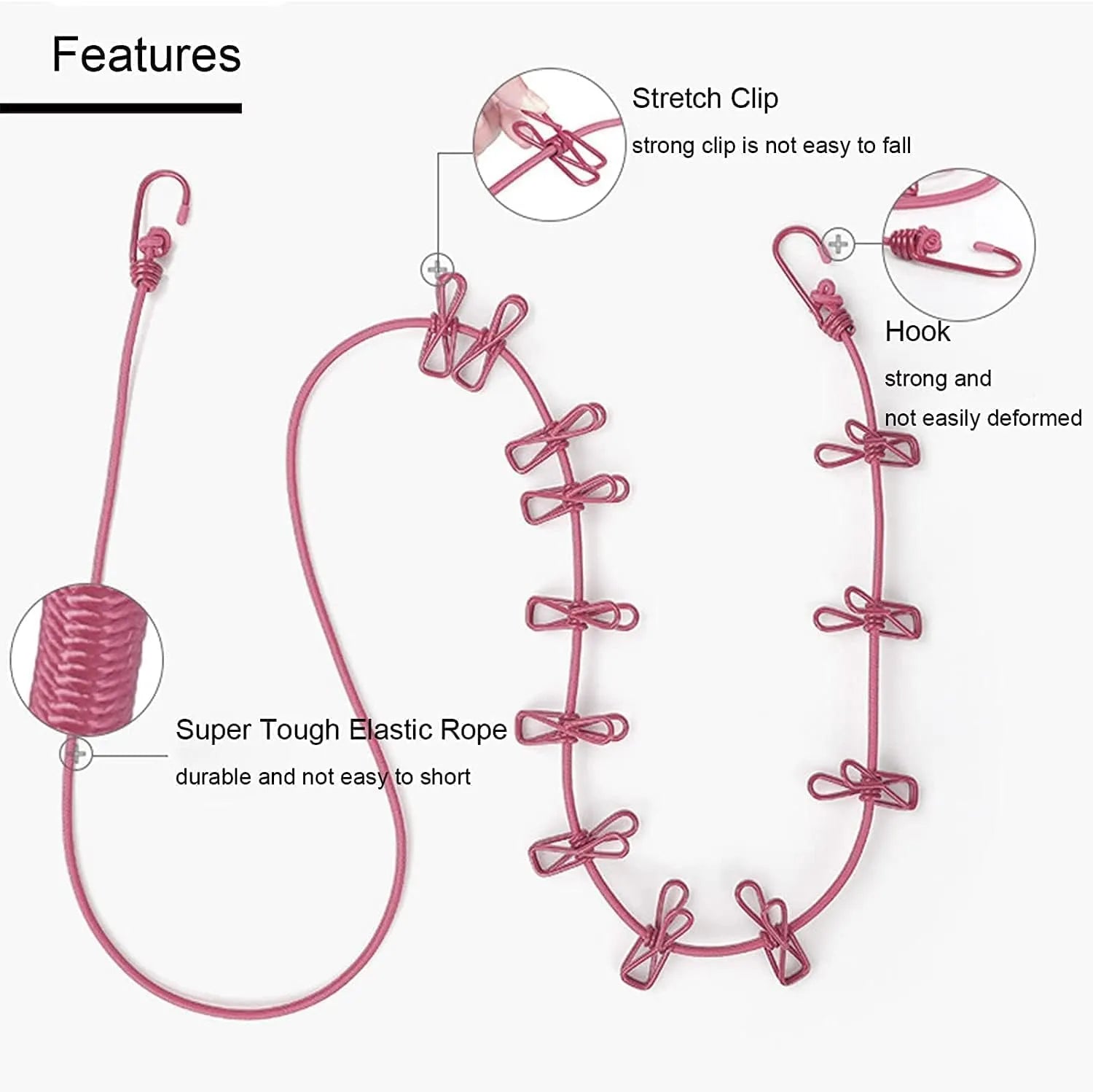 Multi Functional Portable Drying Rope with 12 Clips and 2 Hooks Cosmia.pk