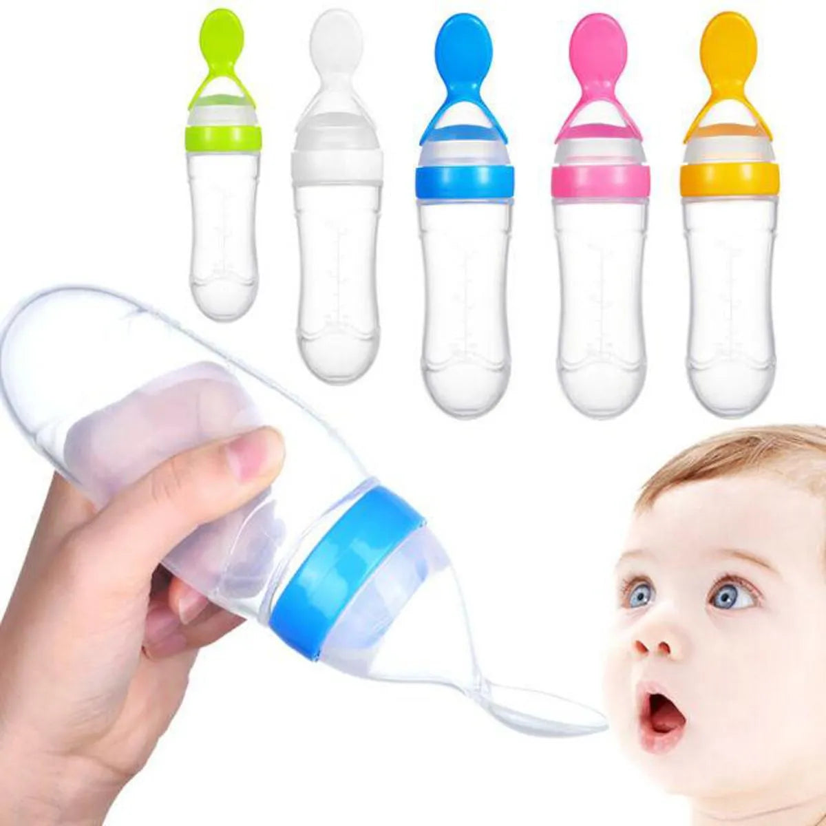 Silicone Baby Feeder Squeeze Feeding Bottle With Spoon - 90ml Cosmia.pk
