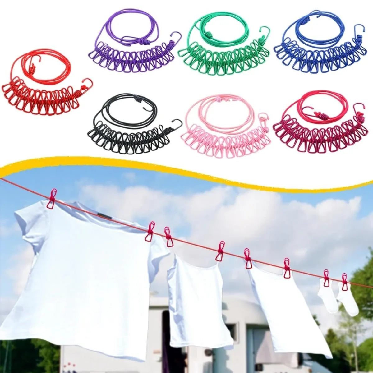 Multi Functional Portable Drying Rope with 12 Clips and 2 Hooks Cosmia.pk