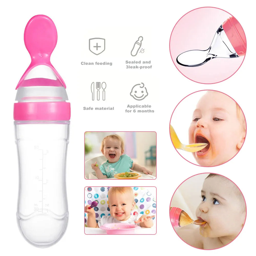 Silicone Baby Feeder Squeeze Feeding Bottle With Spoon - 90ml Cosmia.pk