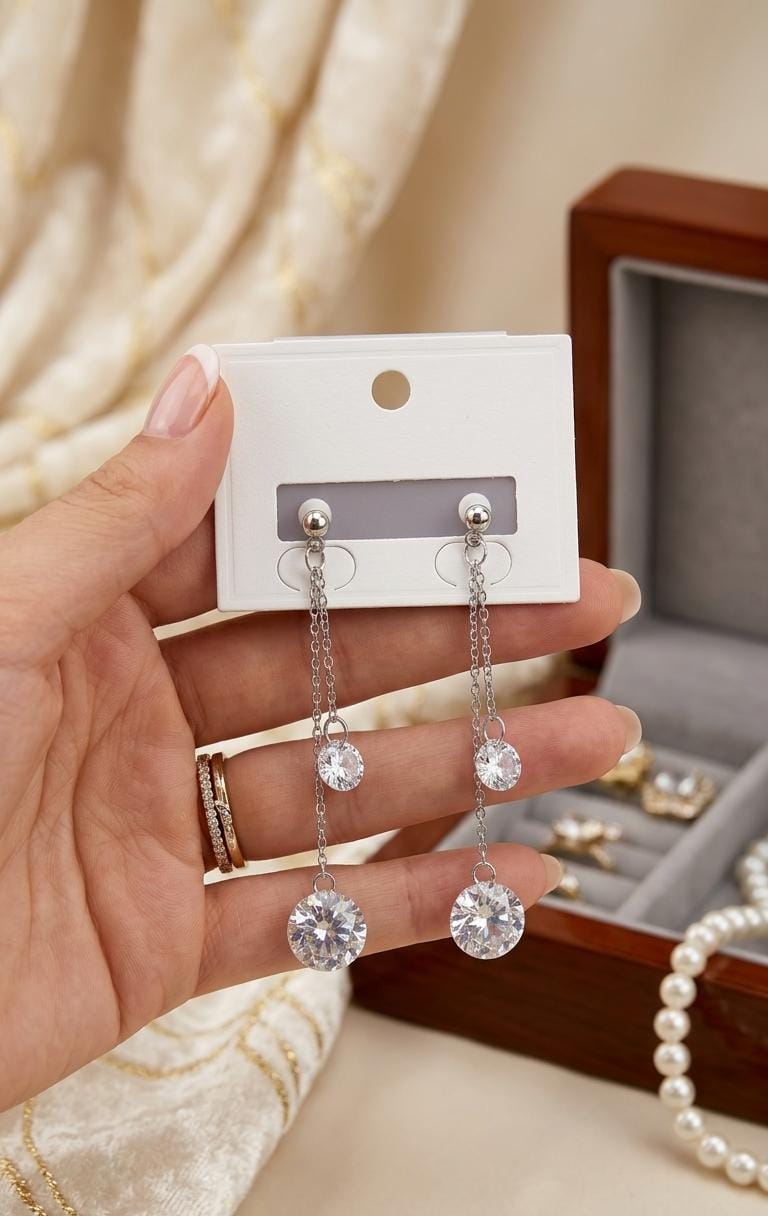 Korean Style Zircon Chain Earrings, 925 Design Cosmia.pk