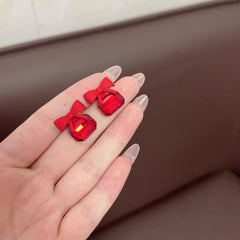 Lovely Square Bow Earrings - Red Cosmia.pk