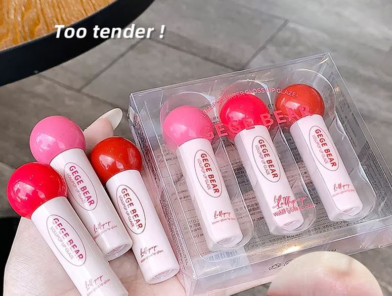Gege Bear 3 Pcs Lollipop Water Gloss Lip Glaze Set | Hydrating Lip Gloss Gege Bear