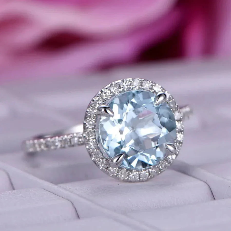 Round Aquamarine Halo Ring with Diamond Accents Cosmia