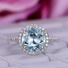 Round Aquamarine Halo Ring with Diamond Accents Cosmia