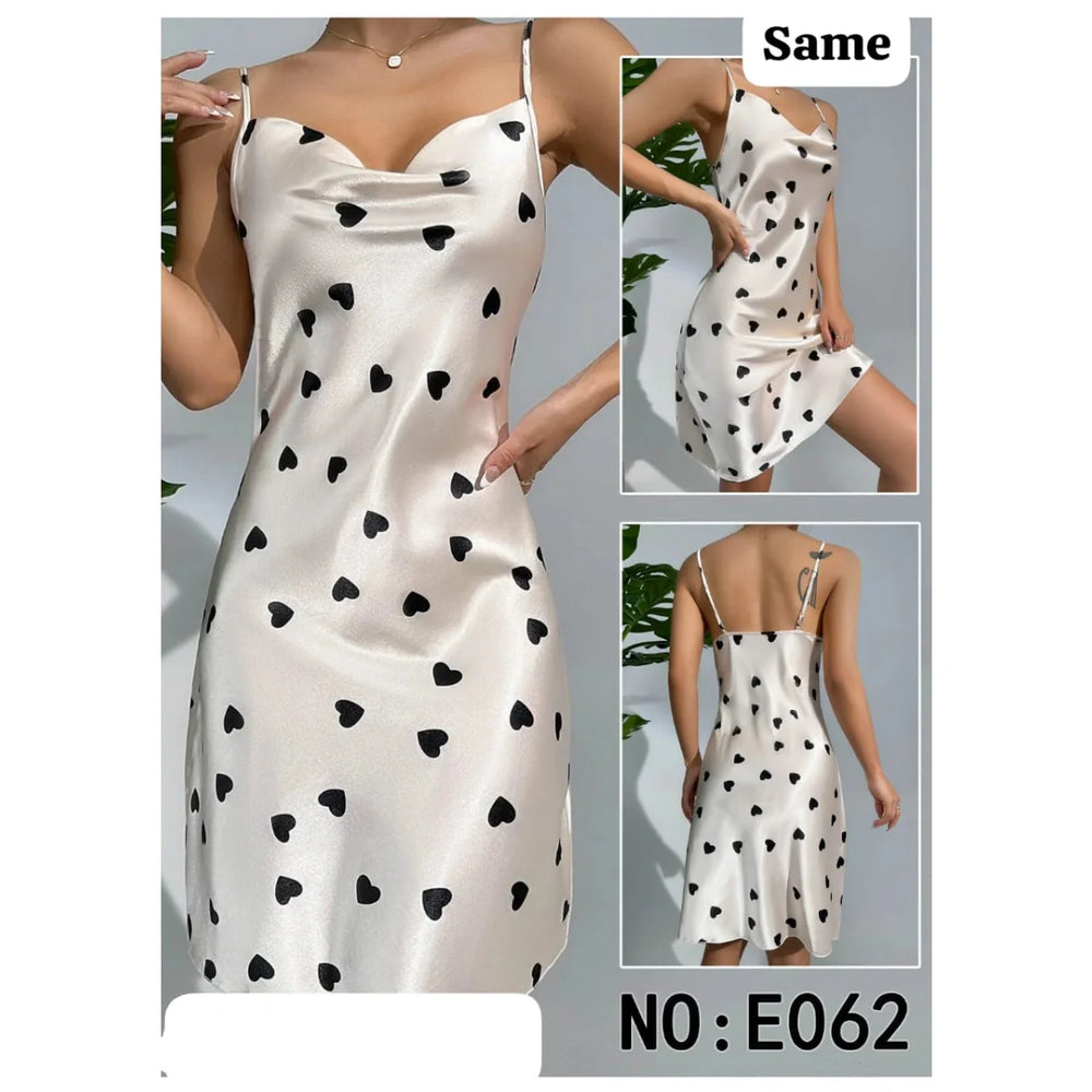 Heart Print Draped Collar Satin Cami Nightdress Cosmia.pk
