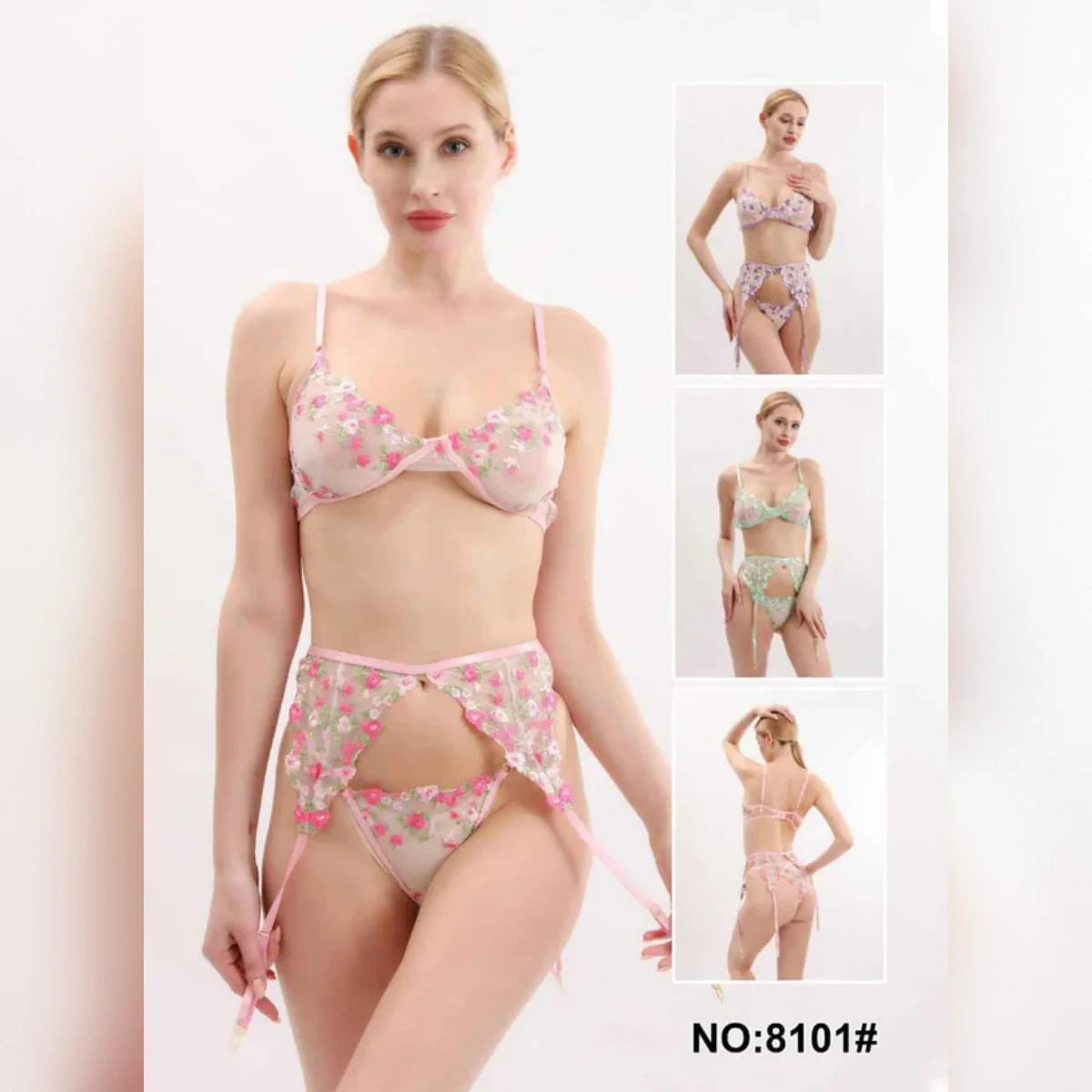 Floral Embroidered Sheer Lingerie Set with Garter Belt – Style 8101 Cosmia.pk
