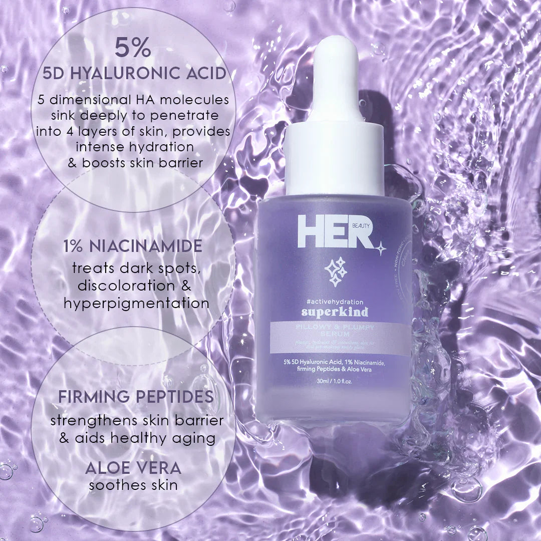 HER Beauty superkind pillowy and plumpy serum 5% Hyaluronic Acid, 1% HER Beauty